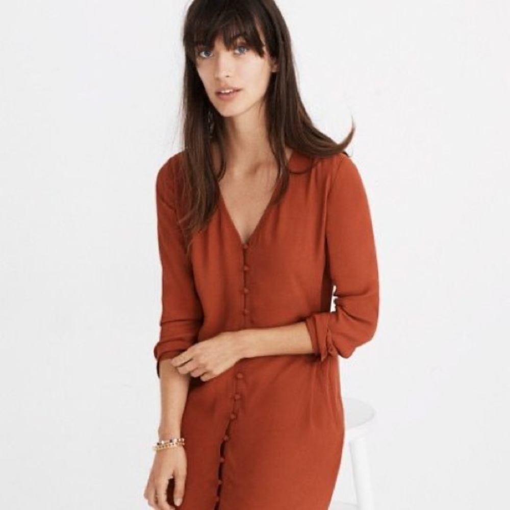 Madewell Long Sleeve Buttonfront Shirt Dress In Rusted Red {Size Small}